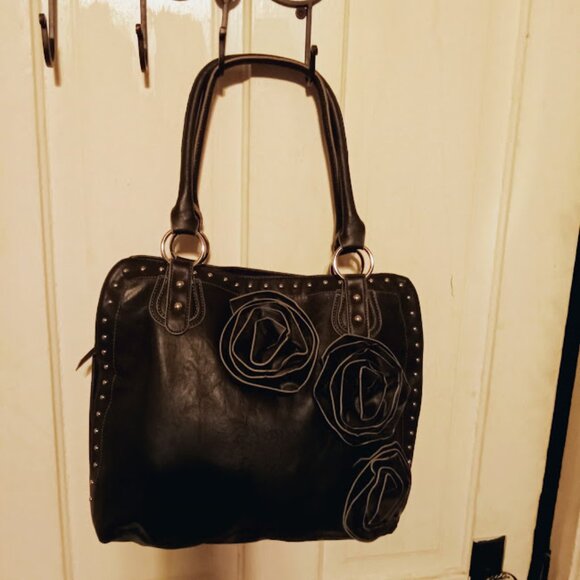 NEW Womans Black Leather Purse With Silver Studs And Rosette floral Petals - Picture 9 of 13